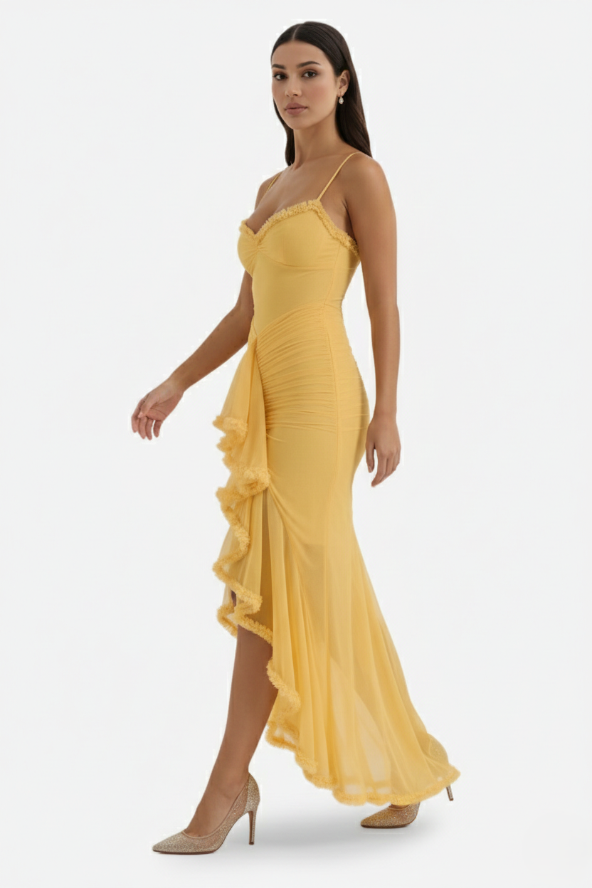 Evening Gown Ruched Mesh Ruffle Assymetrical Hem - Siopie