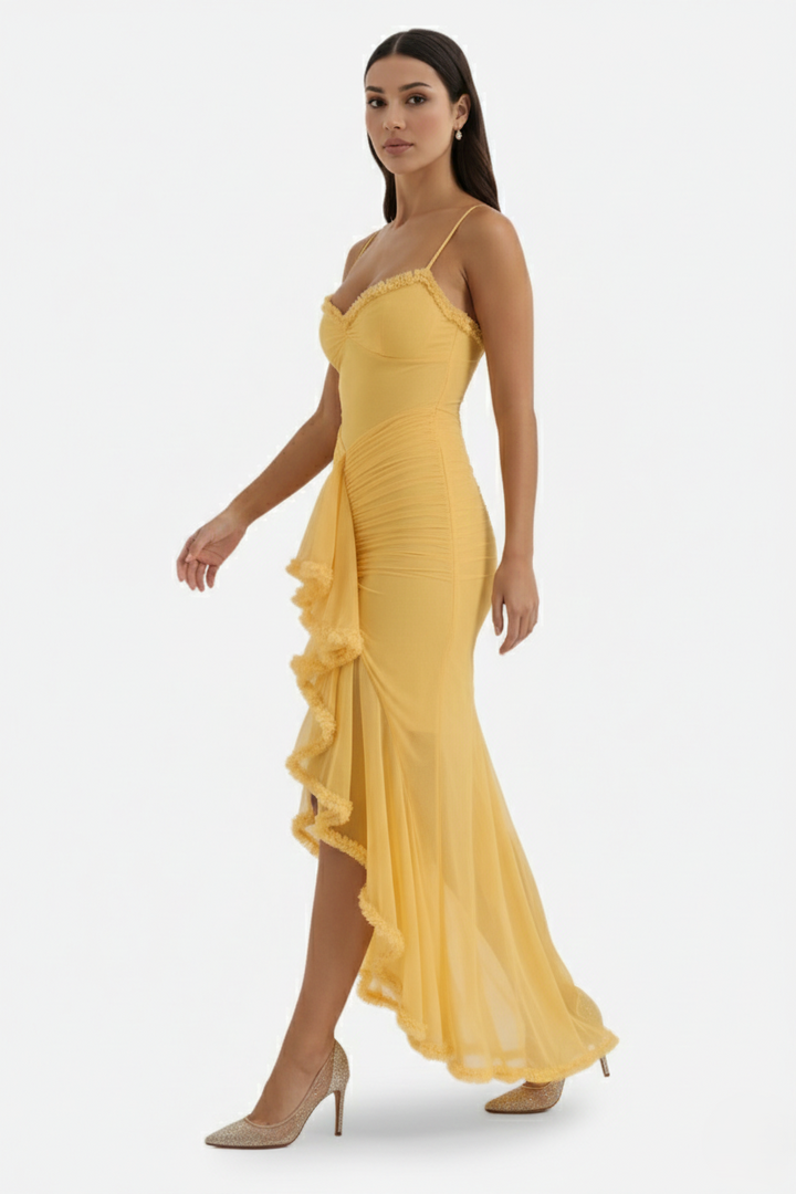 Evening Gown Ruched Mesh Ruffle Assymetrical Hem - Siopie
