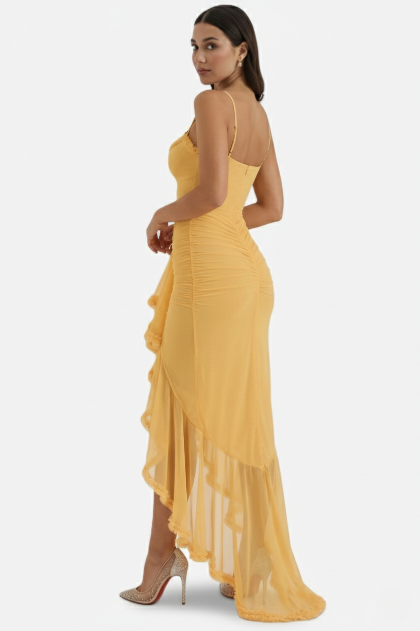 Evening Gown Ruched Mesh Ruffle Assymetrical Hem - Siopie