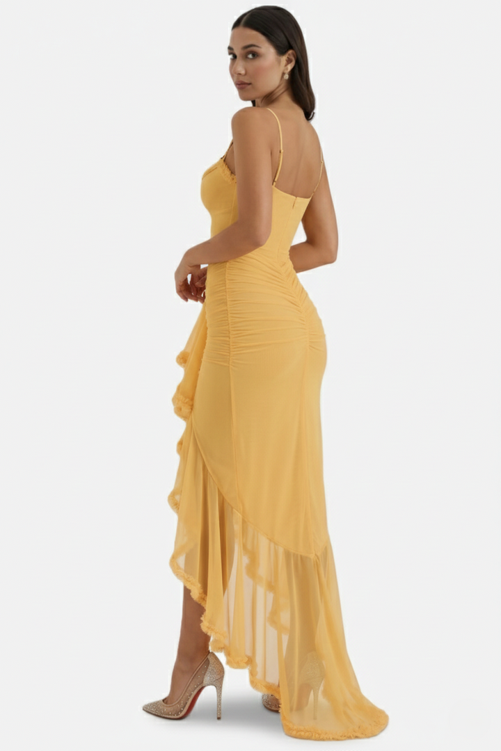 Evening Gown Ruched Mesh Ruffle Assymetrical Hem - Siopie