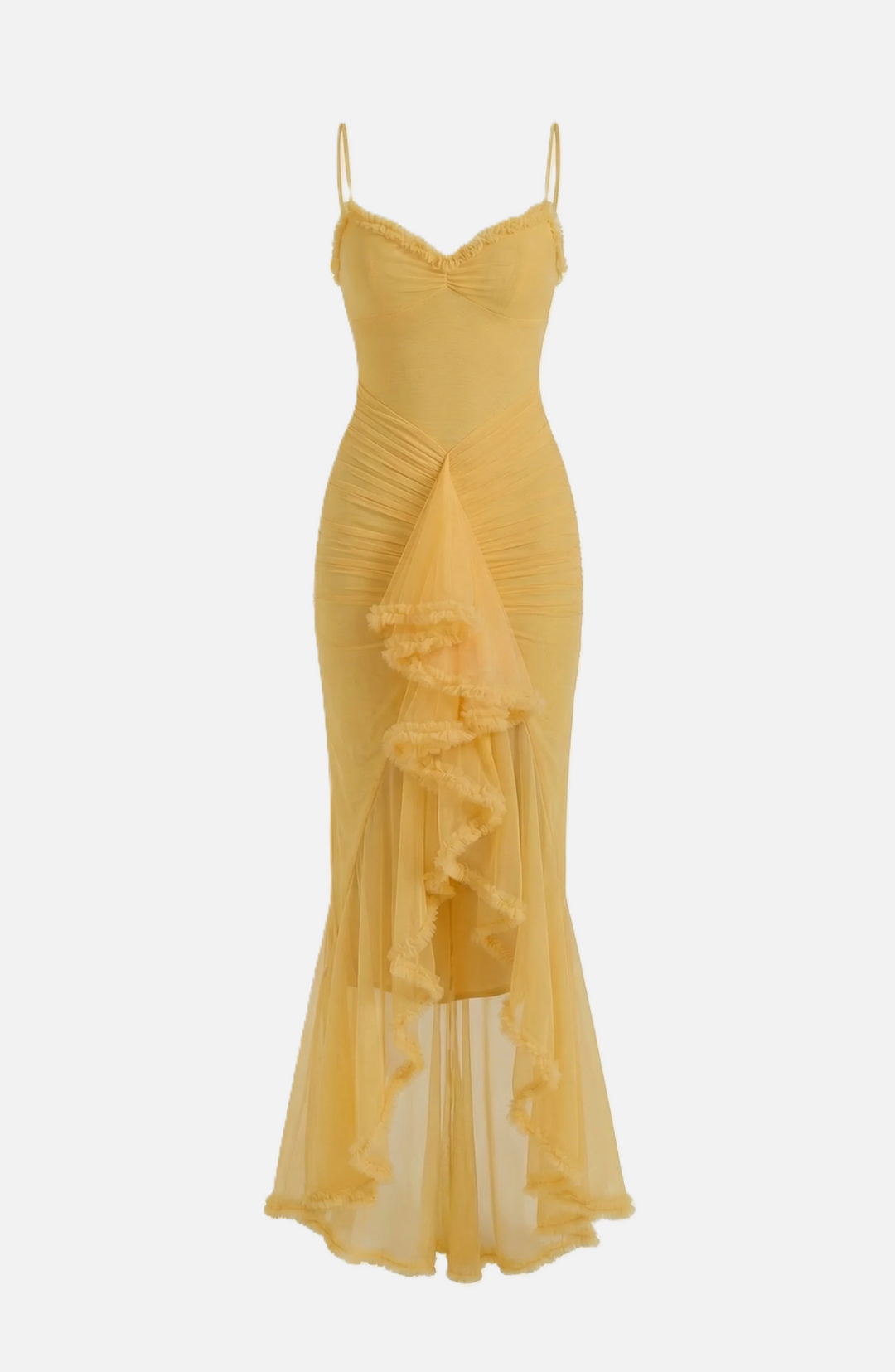 Evening Gown Ruched Mesh Ruffle Assymetrical Hem - Siopie