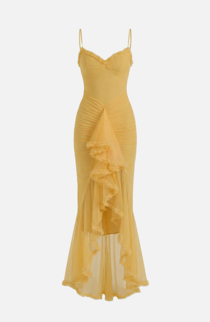 Evening Gown Ruched Mesh Ruffle Assymetrical Hem - Siopie