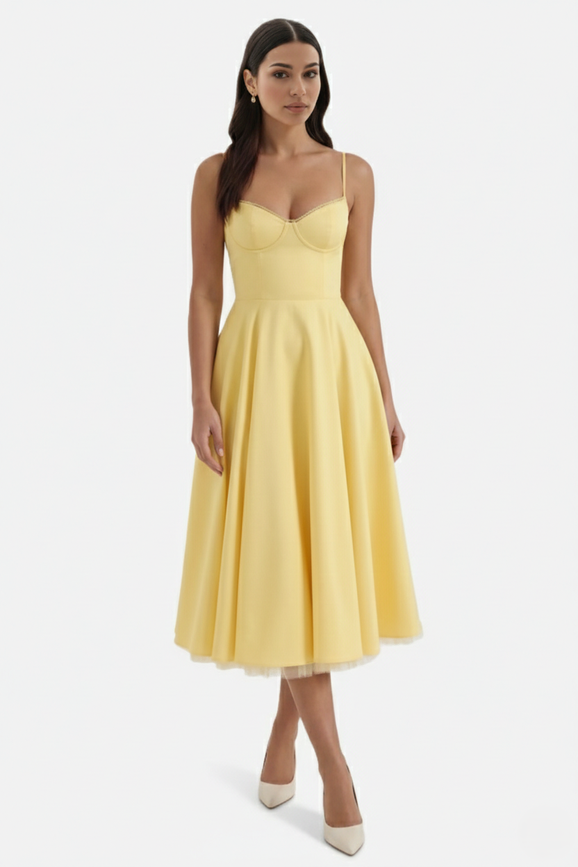 Sweetheart Bustier Midi Dress with Full Circle Skirt and Tulle Hem - Siopie