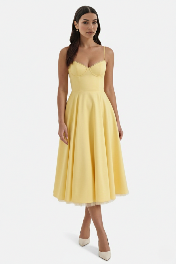 Sweetheart Bustier Midi Dress with Full Circle Skirt and Tulle Hem - Siopie