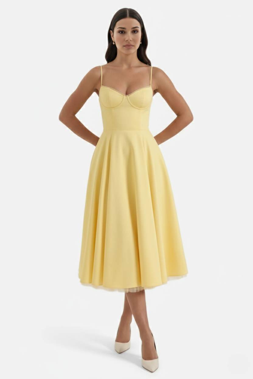 Sweetheart Bustier Midi Dress with Full Circle Skirt and Tulle Hem - Siopie