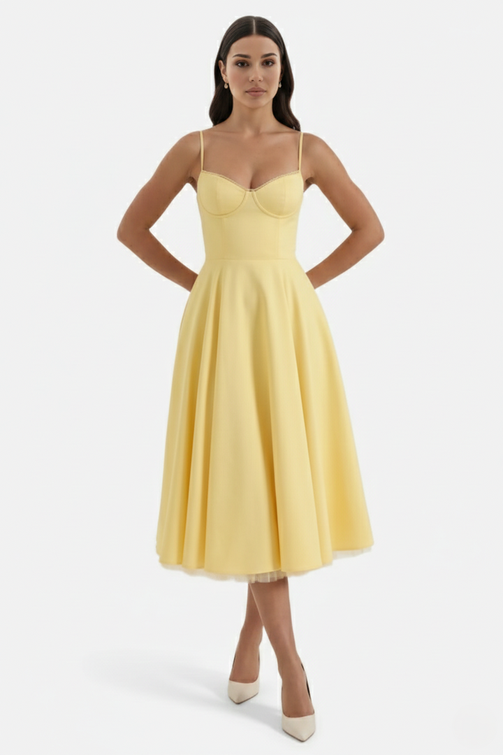Sweetheart Bustier Midi Dress with Full Circle Skirt and Tulle Hem - Siopie