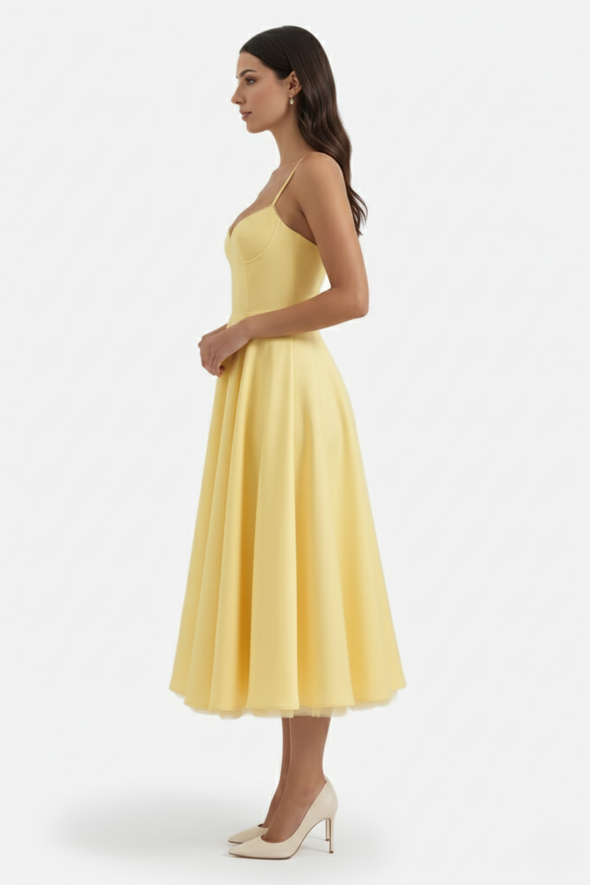 Sweetheart Bustier Midi Dress with Full Circle Skirt and Tulle Hem - Siopie
