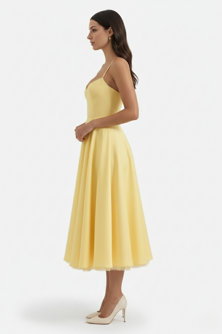 Sweetheart Bustier Midi Dress with Full Circle Skirt and Tulle Hem - Siopie