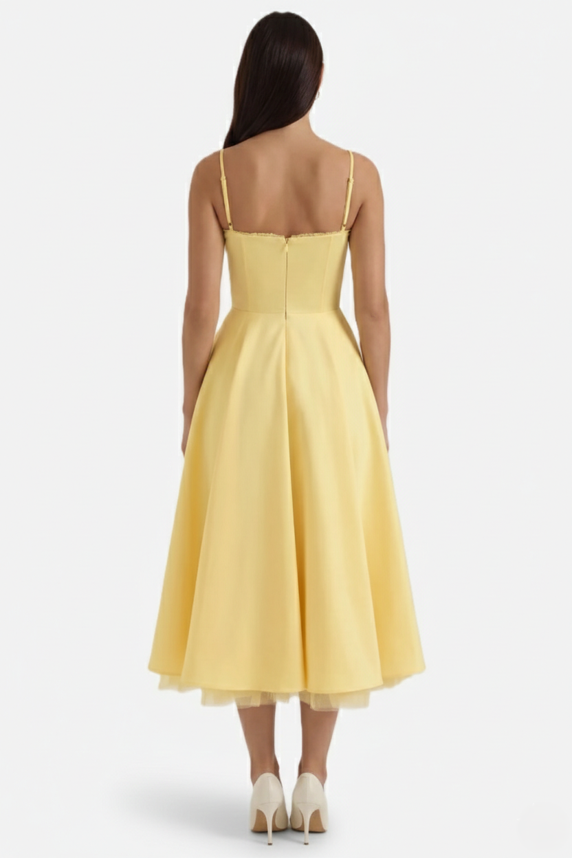 Sweetheart Bustier Midi Dress with Full Circle Skirt and Tulle Hem - Siopie