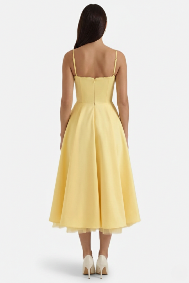 Sweetheart Bustier Midi Dress with Full Circle Skirt and Tulle Hem - Siopie