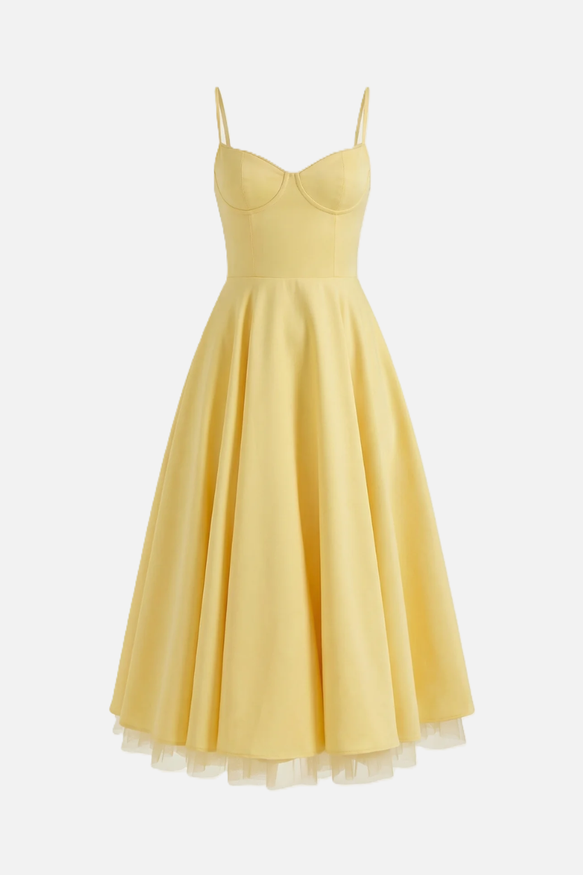 Sweetheart Bustier Midi Dress with Full Circle Skirt and Tulle Hem - Siopie