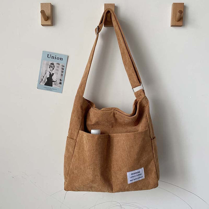 Sorvienne Large Front Pocket Cord Shoulder Bag in Tan