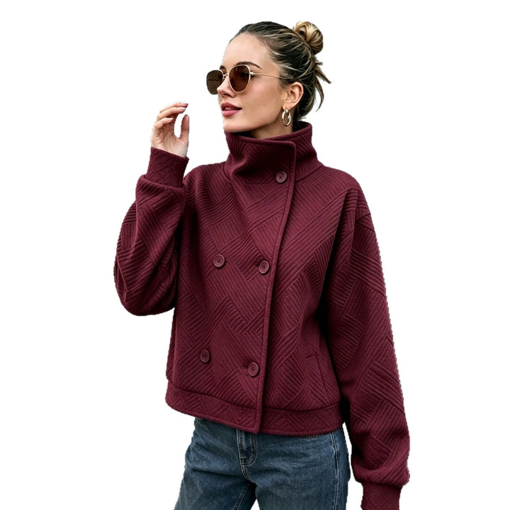 Sorvienne Textured Double Breasted Funnel Neck Jacket in Burgundy