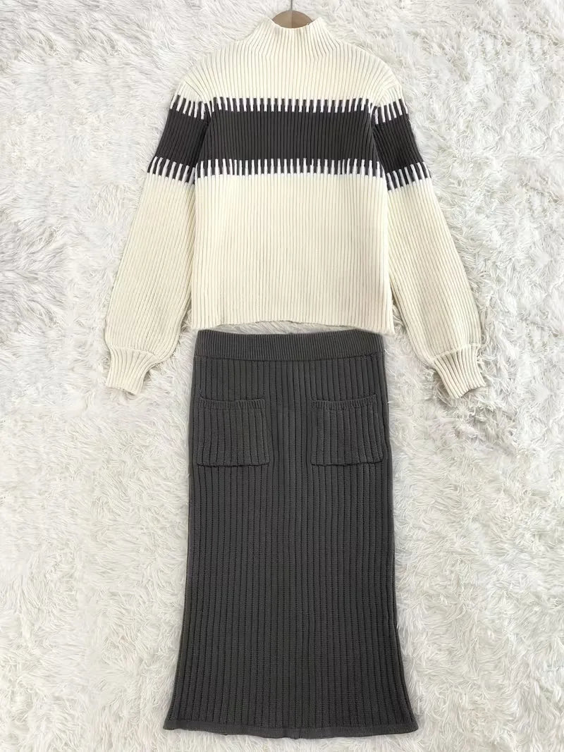 Sorvienne Relaxed Colour Block Knit Skirt Set in Grey