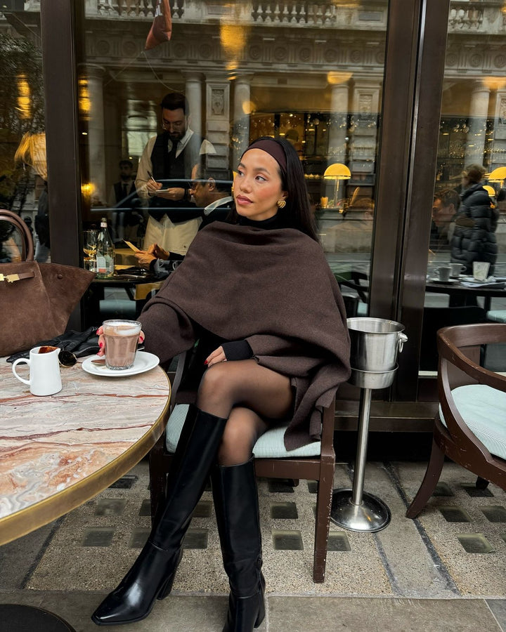 Sorvienne Relaxed Asymmetric Scarf Coat in Chocolate