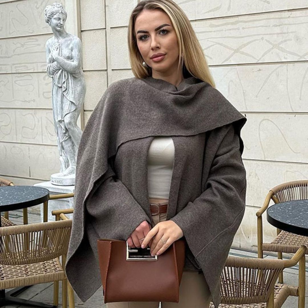 Sorvienne Relaxed Asymmetric Scarf Coat in Taupe