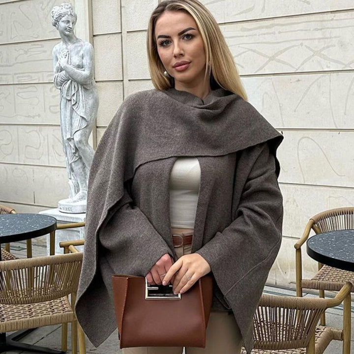 Sorvienne Relaxed Asymmetric Scarf Coat in Taupe