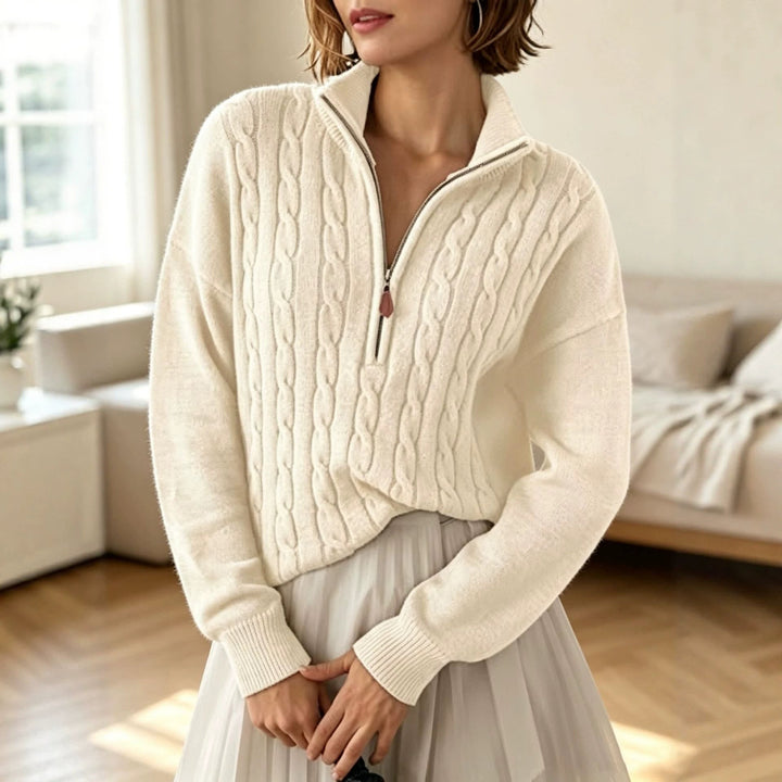 Sorvienne Relaxed Cable Knit Quarter Zip Jumper in Cream