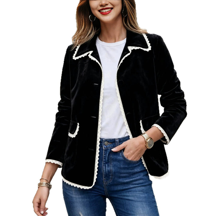 Sorvienne Tailored Contrast Trim Faux Suede Jacket in Black