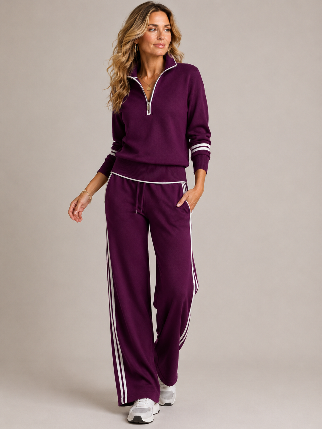 Sorvienne Relaxed Striped Trim Half Zip Co-ord Set in Purple