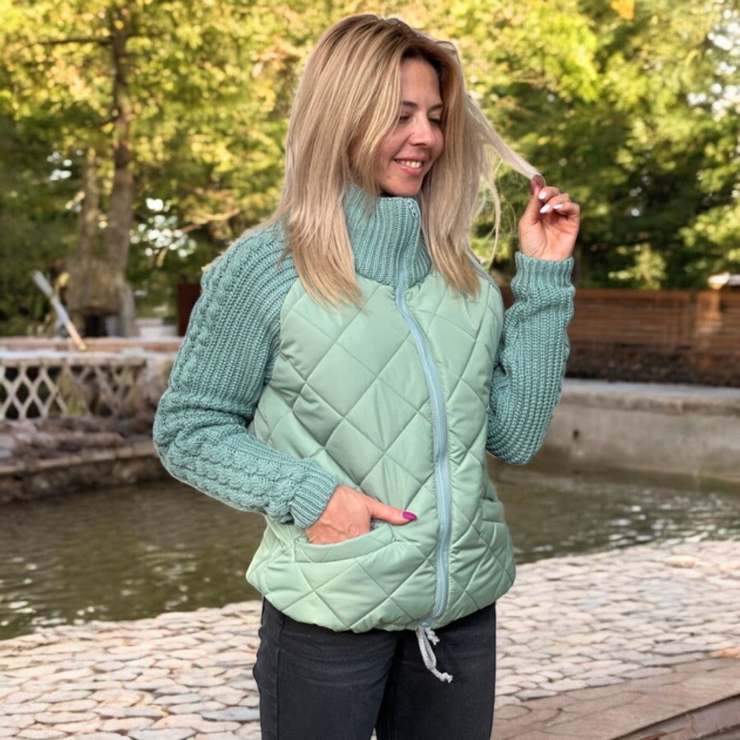 Sorvienne Relaxed Quilted Jacket with Knit Sleeves in Mint