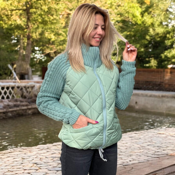Sorvienne Relaxed Quilted Jacket with Knit Sleeves in Mint