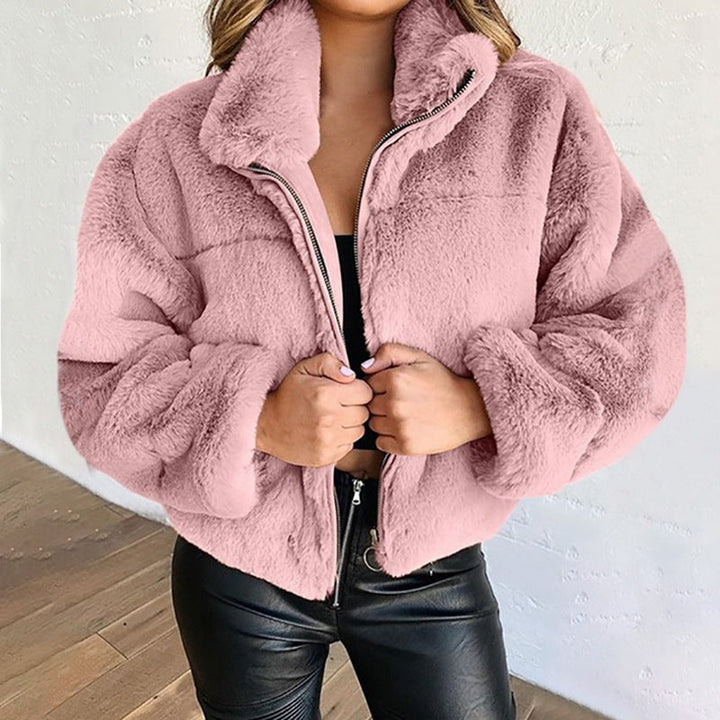Sorvienne Relaxed Zip Front Faux Fur Jacket in Pink
