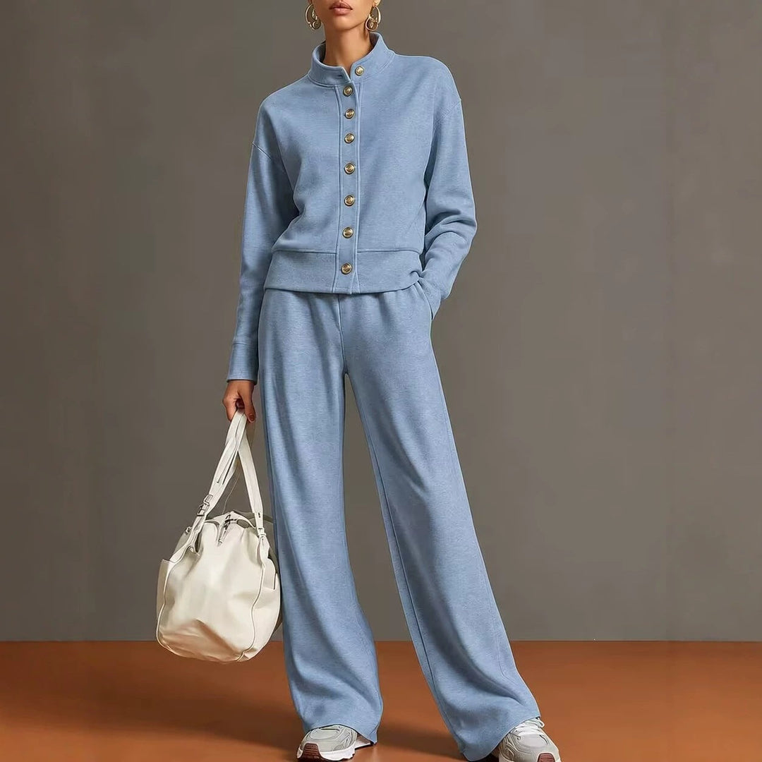 Sorvienne Relaxed Button Front Knitted Co Ord Set in Sky Blue