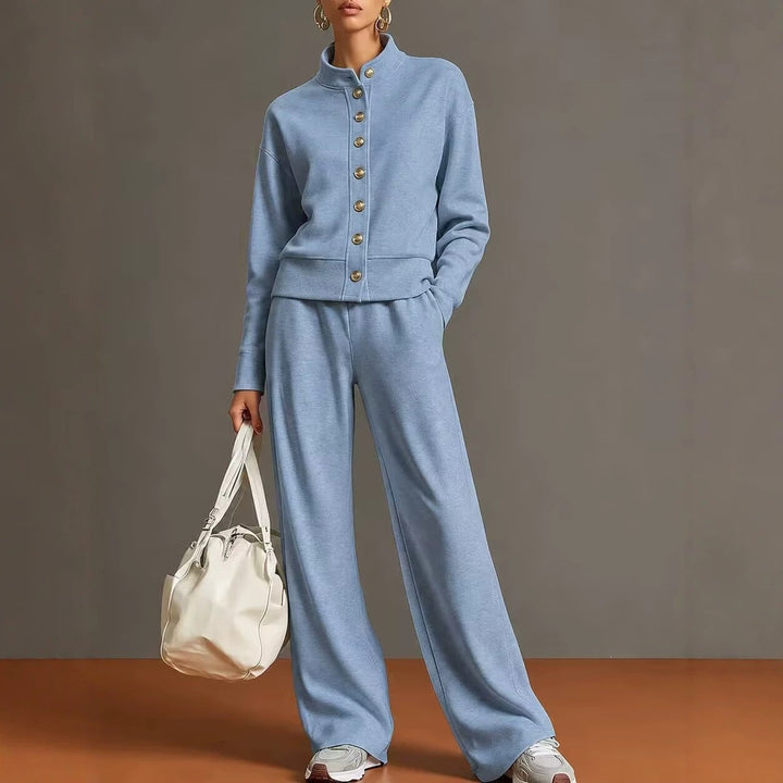 Sorvienne Relaxed Button Front Knitted Co Ord Set in Sky Blue
