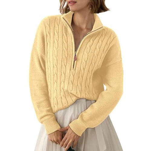 Sorvienne Relaxed Cable Knit Quarter Zip Jumper in Yellow