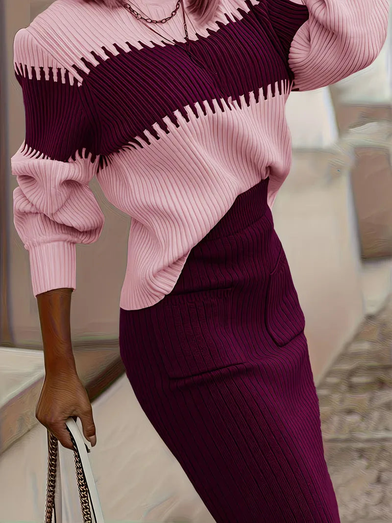 Sorvienne Relaxed Colour Block Knit Skirt Set in Plum