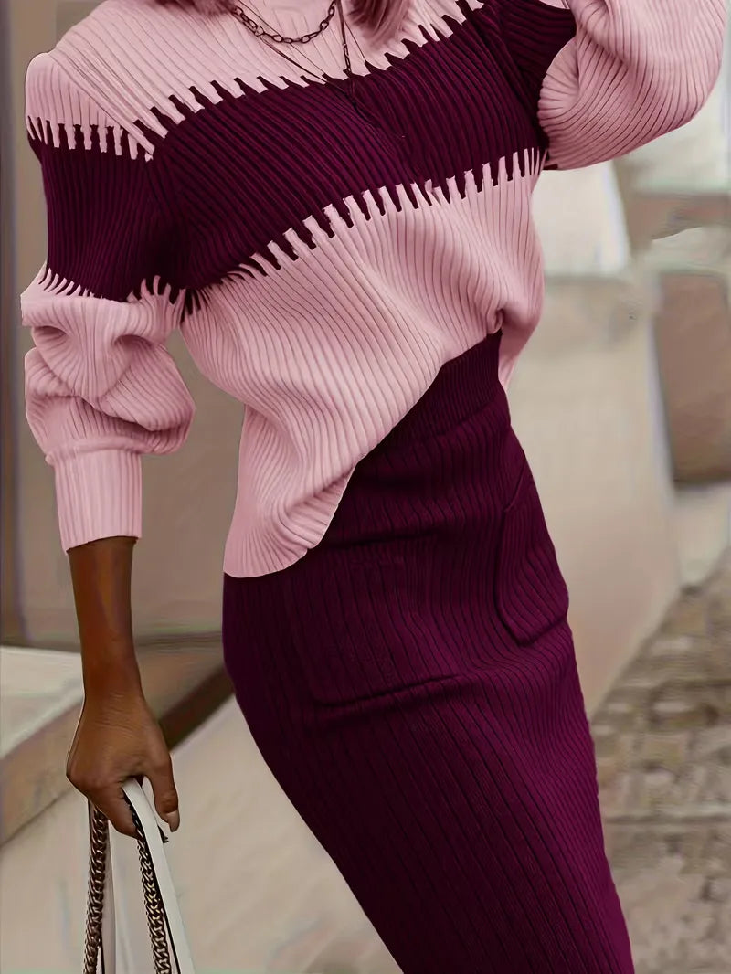 Sorvienne Relaxed Colour Block Knit Skirt Set in Plum