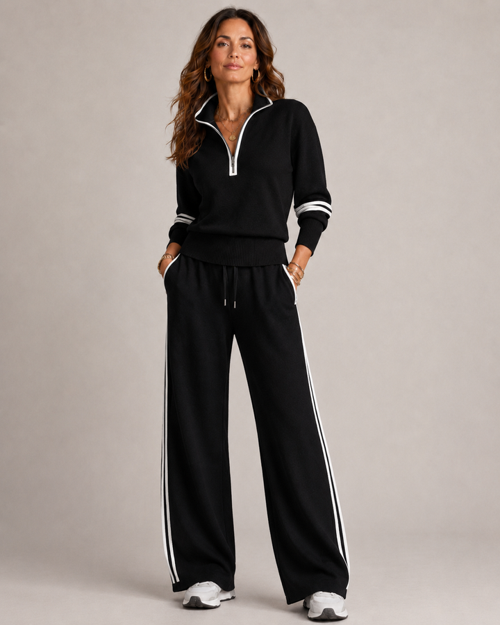 Sorvienne Relaxed Striped Trim Half Zip Co-ord Set in Black