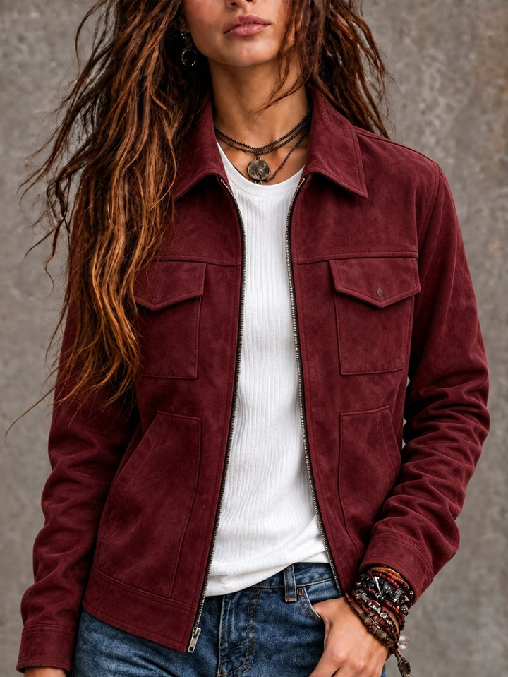 Sorvienne Relaxed Zip Front Suede Effect Jacket in Burgundy
