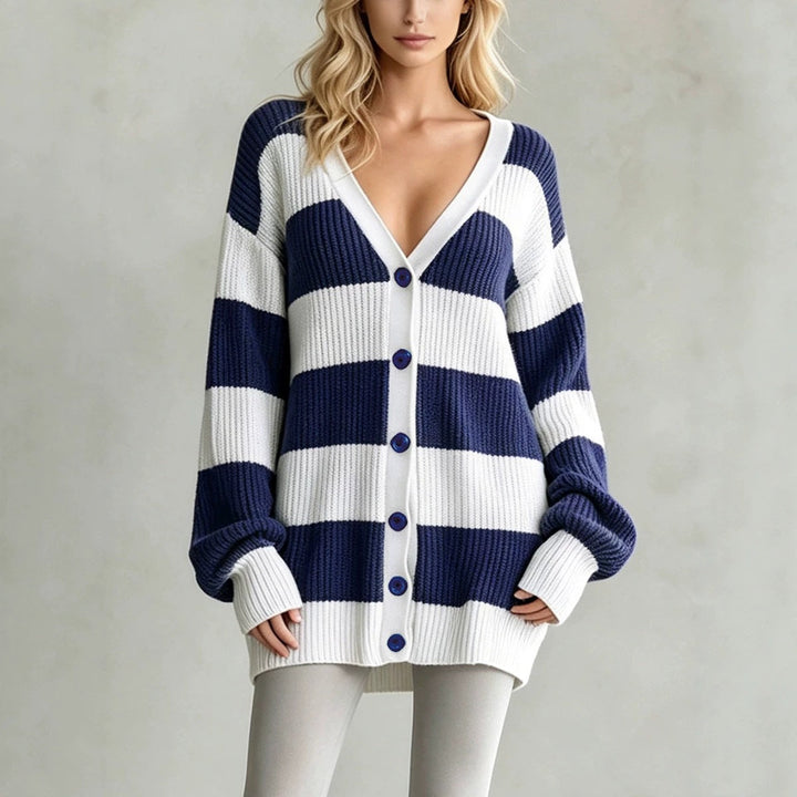Sorvienne Oversized Button Front Striped Cardigan in Navy Stripe