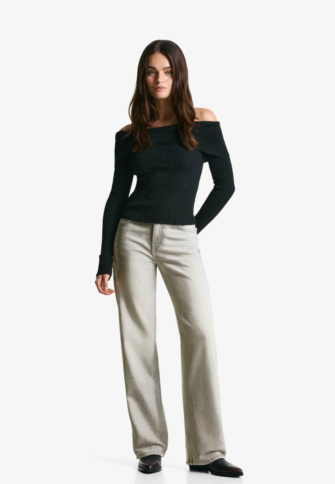 Sorvienne Relaxed High Waisted Wide Leg Jeans in Stone