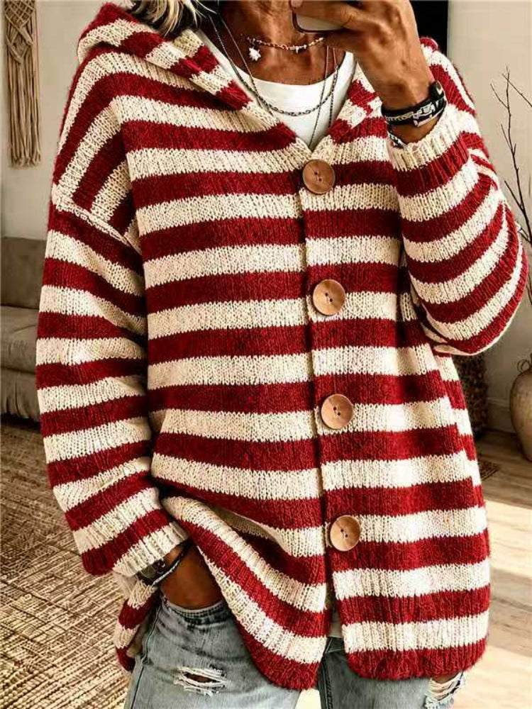 Sorvienne Relaxed Striped Button Front Hooded Cardigan in Red Stripe