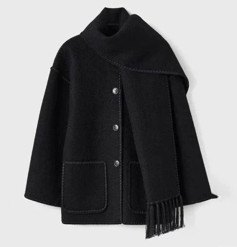Sorvienne Oversized Blanket Stitch Scarf Coat in Black