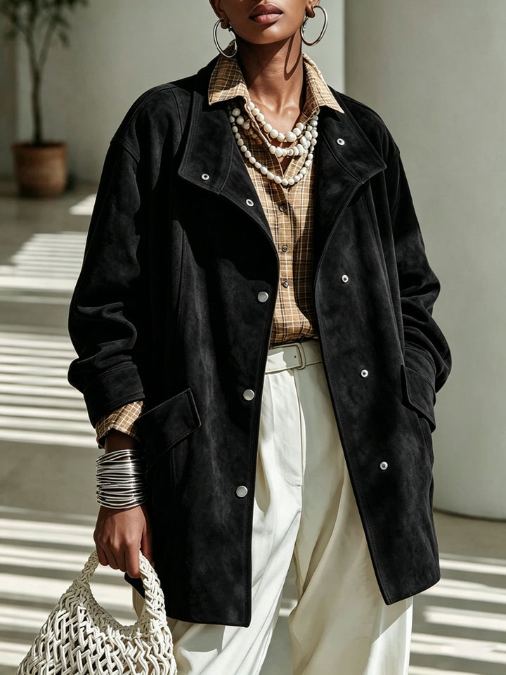 Sorvienne Relaxed Mid Length Suede Effect Coat in Black