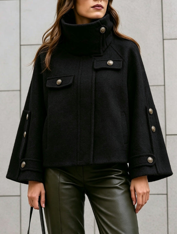 Sorvienne Relaxed Stand Collar Button Cape Jacket