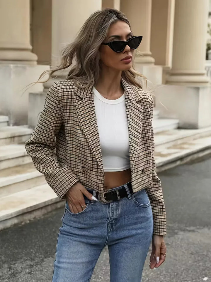 Sorvienne Double Breasted Check Cropped Blazer