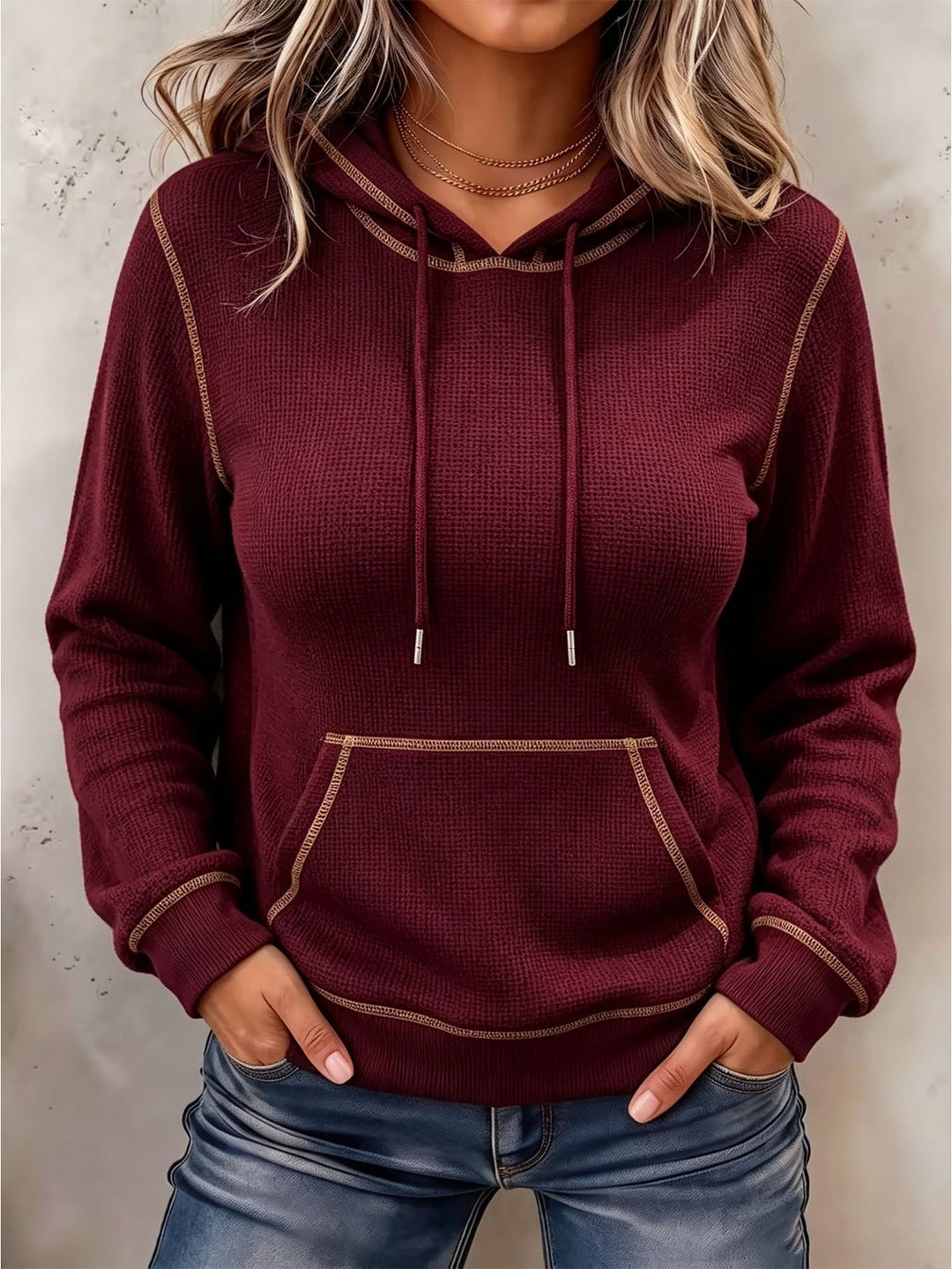 Sorvienne Relaxed Contrast Stitch Knitted Hoodie in Burgundy