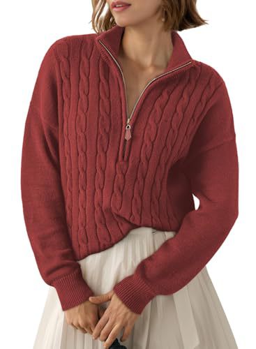 Sorvienne Relaxed Cable Knit Quarter Zip Jumper in Rust