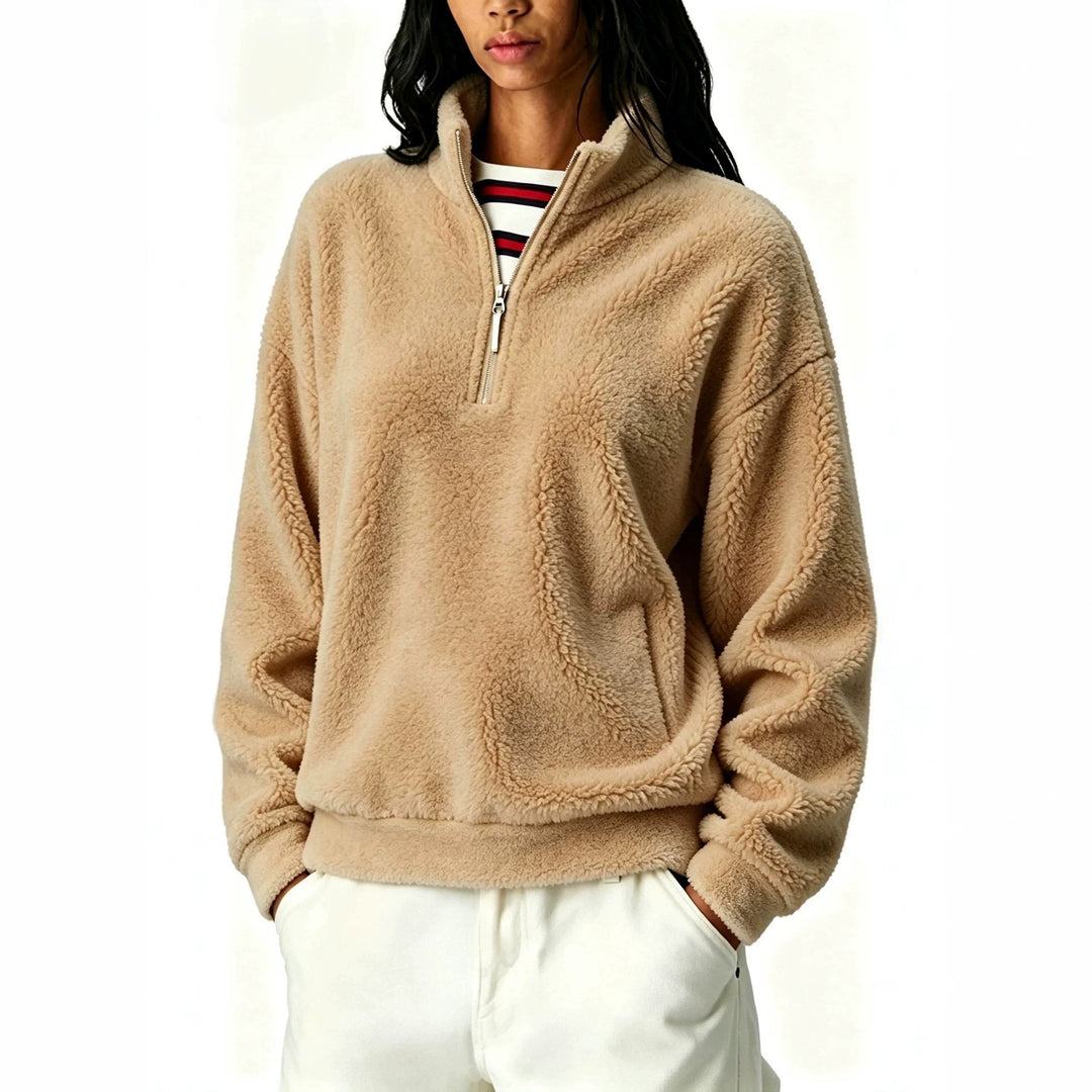 Sorvienne Relaxed Borg Half Zip Fleece in Camel