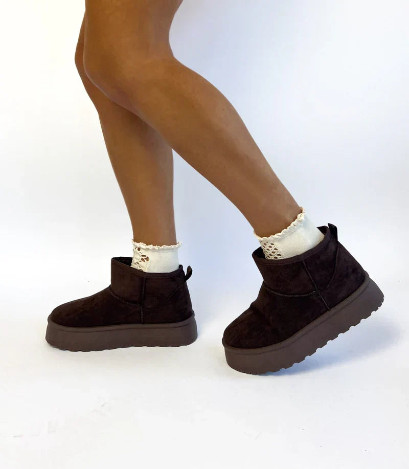 Sorvienne Soft Lined Platform Mini Boots in Chocolate