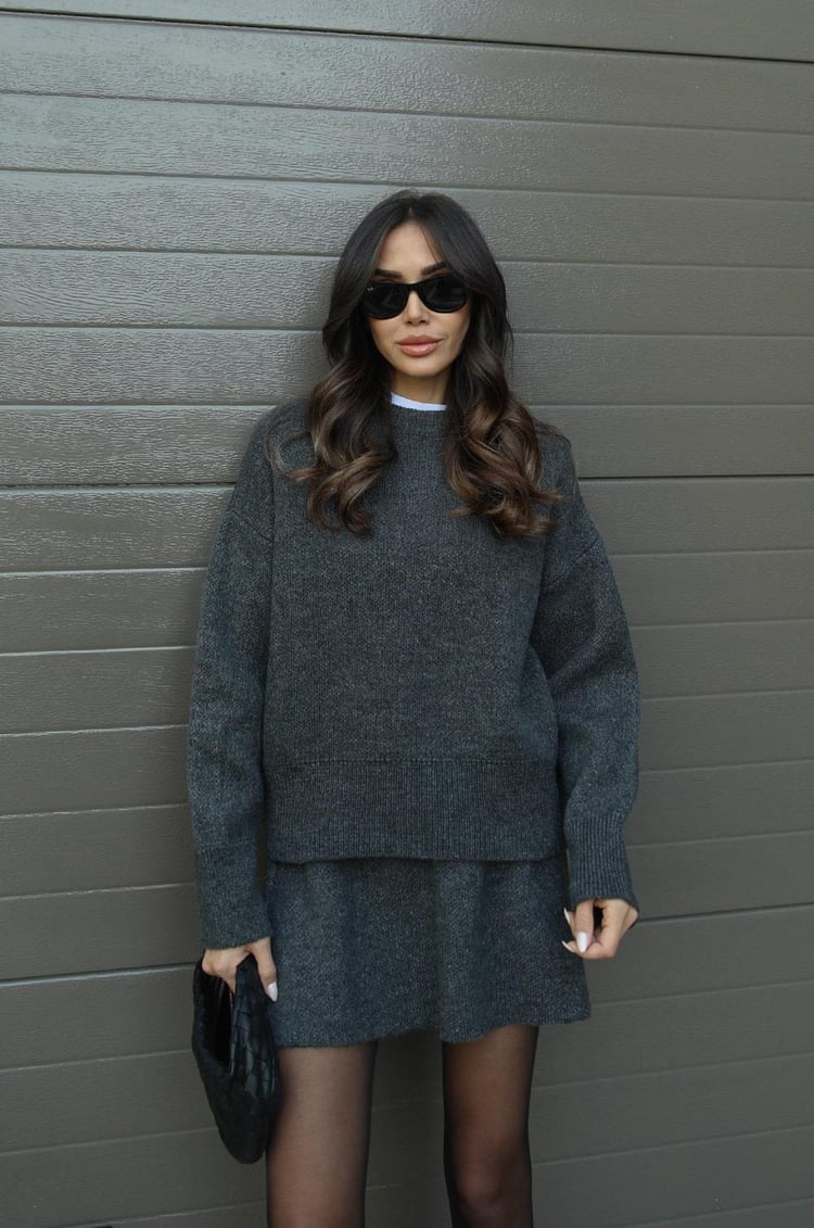Sorvienne Oversized Knitted Jumper and Skirt Set in Charcoal