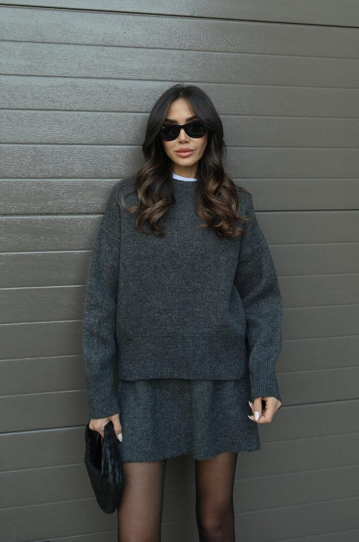 Sorvienne Oversized Knitted Jumper and Skirt Set in Charcoal