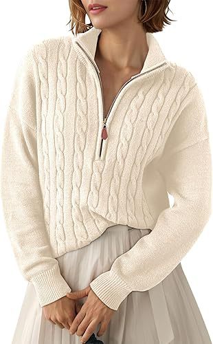 Sorvienne Relaxed Cable Knit Quarter Zip Jumper in Cream