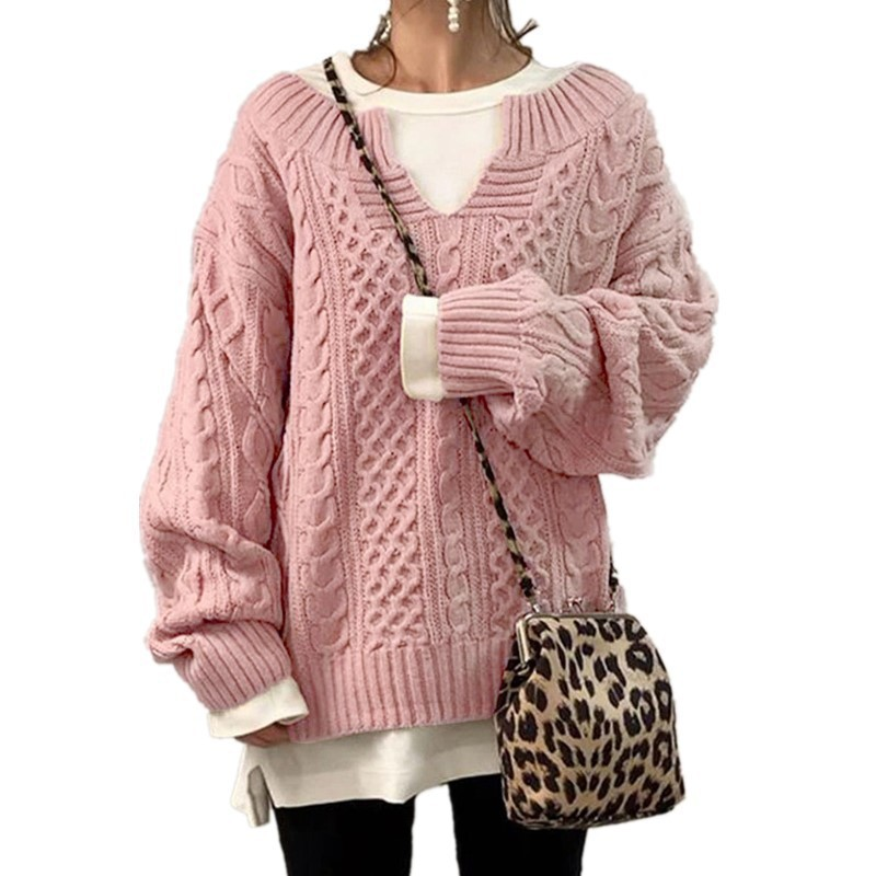 Sorvienne Oversized Notch Neck Cable Knit Jumper in Pink