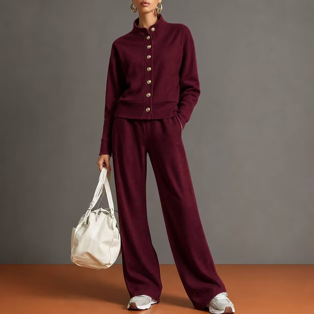 Sorvienne Relaxed Button Front Knitted Co Ord Set in Burgundy